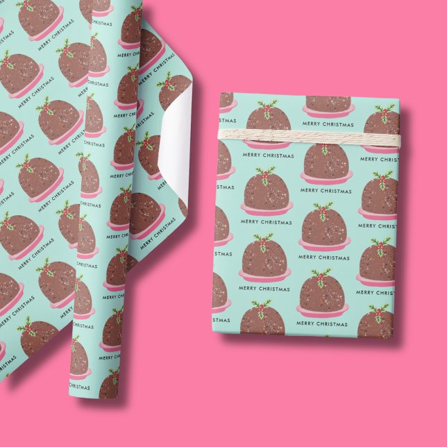 Glad jul pudding illustration presentpapper (Cute 'My Little Pudding' Christmas wrapping papre with Merry Christmas text)