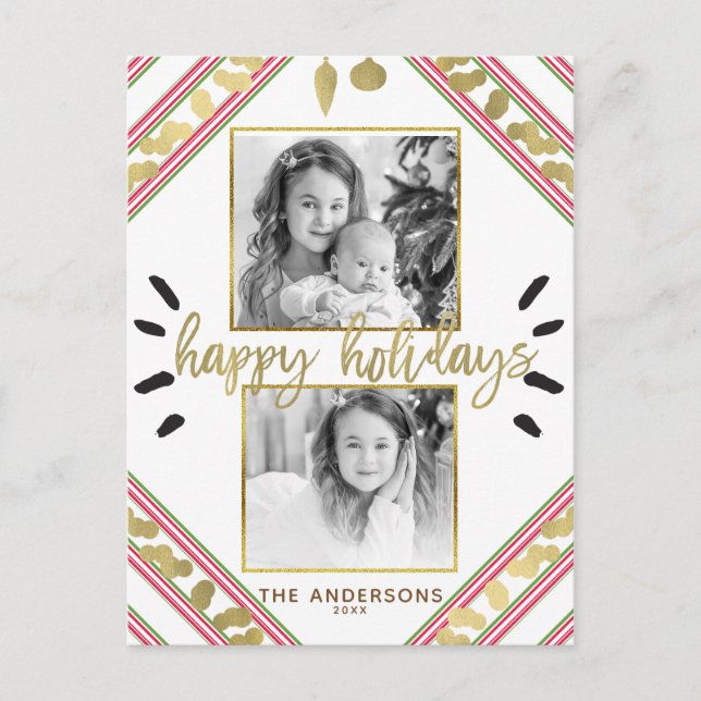 Glad jul Red White Green ränder foto Helg Vykort (Framsida)