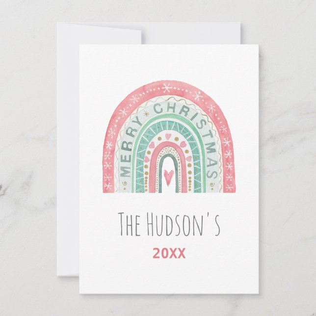Glad jul regnbåge EFTERNAMN Vattenfärgskonst Julkort (Framsida)