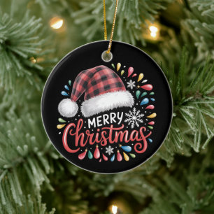Glad Jul Ren Jul Familj Röd Rutig Julgransprydnad Keramik
