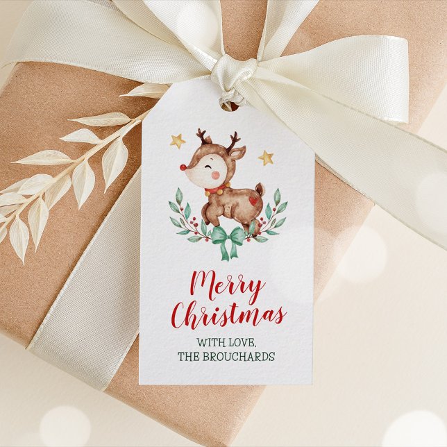 Glad jul renar presentkort presentetikett (Watercolor Reindeer Christmas Tag)