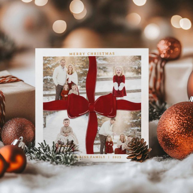 Glad Jul Röd Båge 4 Foto Julkort (Classic Red Bow Merry Christmas 4 Photo Card)