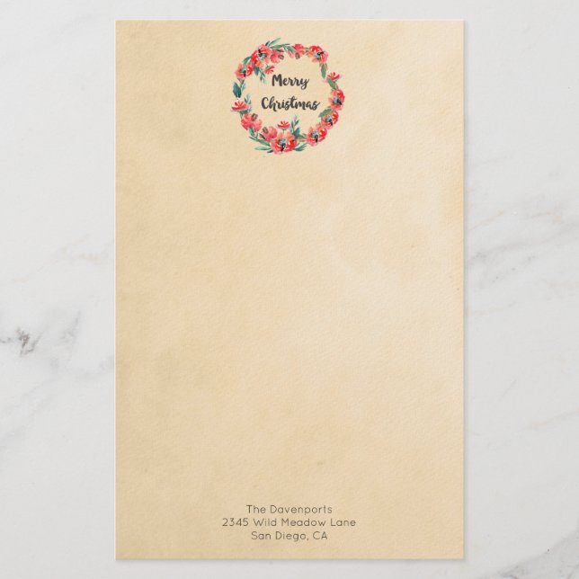 Glad jul Röd blomster vattenfärg krans Brevpapper (Framsida)