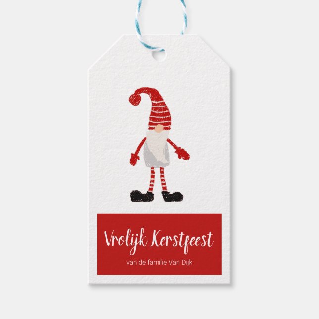 Glad Jul Röd Grå Tomte Nordic  Presentetikett (Framsidan)