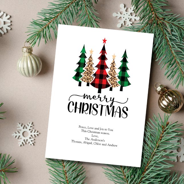 Glad jul röd grön svart karotröja julkort (Red Green Plaid Leopard Print Christmas Trees Christmas Card. Printed or Instant digital download)