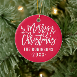 Glad jul röd skrift anpassad familjefoto julgransprydnad keramik