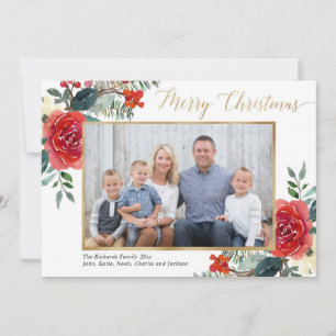 Glad jul röda blommiga akvarell fotokort