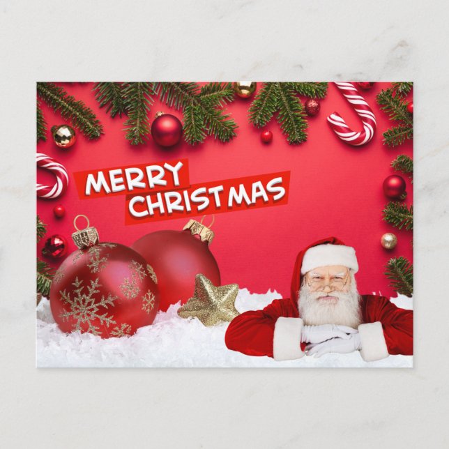 Glad jul röda dekorationer, tomte, godisbit  helg vykort (Framsida)