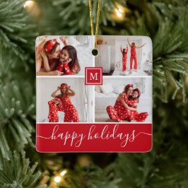 Glad jul Röda familjefotokollage monogram Julgransprydnad Keramik