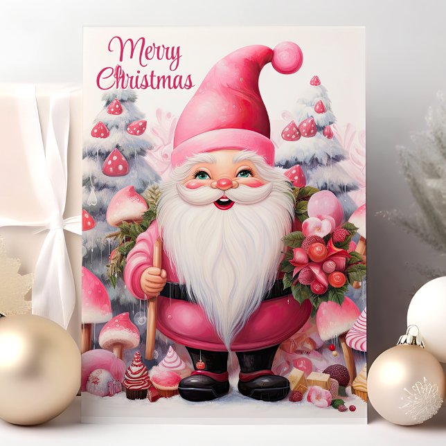 Glad jul Rosa Gnome Whimsical  Helgkort (Skapare uppladdad)