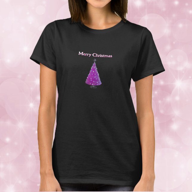 Glad jul Rosa Silver Glitter Som Träd T Shirt (Pink Christmas tree silver sparkle decorations on womans holiday tee shirt.)