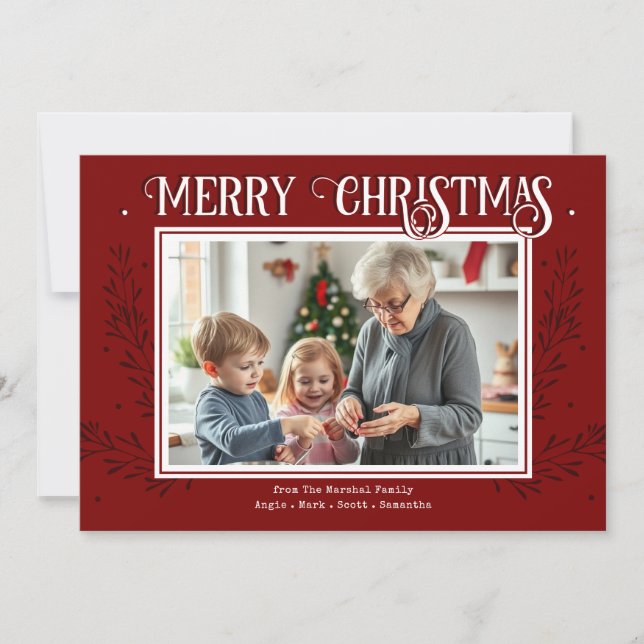 Glad jul Rustikt Rött Familjefoto Julfirande Ca Julkort (Framsida)