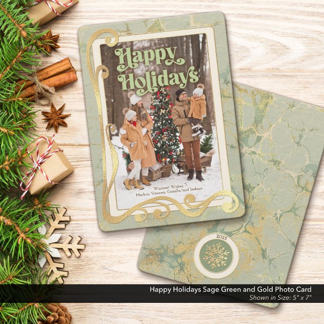 Glad Jul Sagegrön och Guld Fotokort Julkort (Happy Holidays, Sage Green and Gold Holiday Photo Greeting Card)