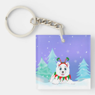Glad jul Samojed med älvhuvudbonad