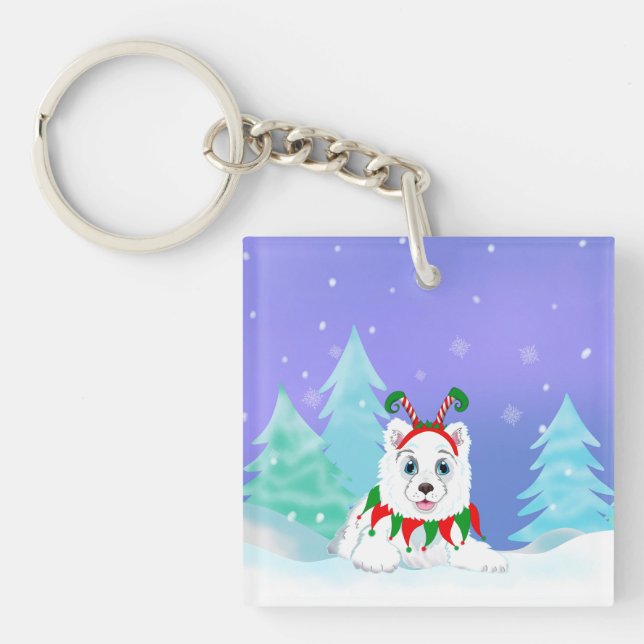 Glad jul Samojed med älvhuvudbonad (Framsidan)