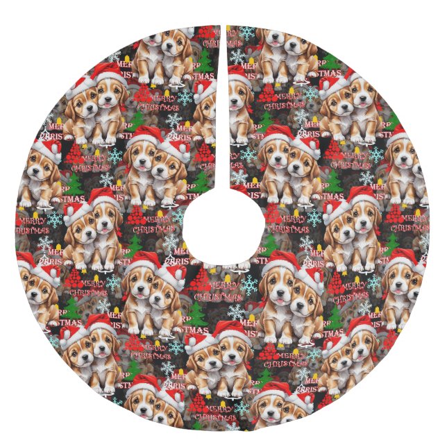 Glad jul Santa hatt Hund Valp Design - Svart Julgransmatta Borstad Polyester (Framsidan)
