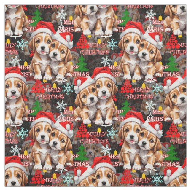 Glad jul Santa hatt Hund Valp Design - Svart Tyg (Provkarta)