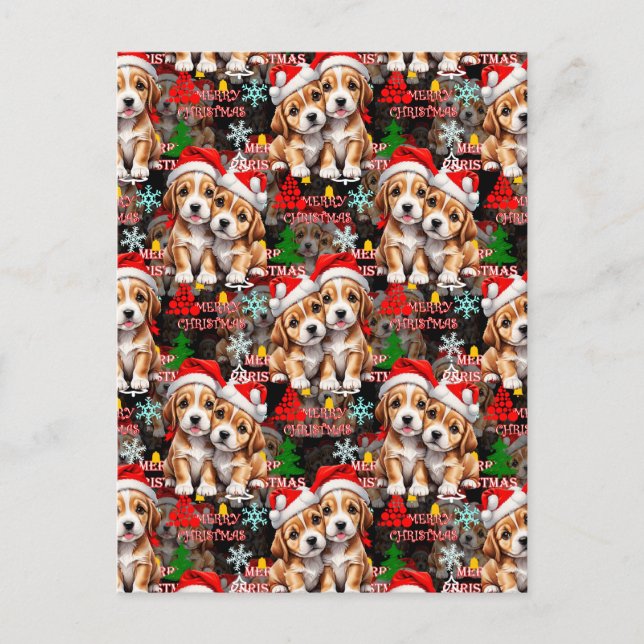 Glad jul Santa hatt Hund Valp Design - Svart Vykort (Framsida)