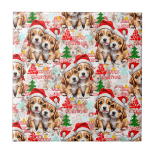 Glad jul Santa hatt Hund Valp Design - Vit Kakelplatta