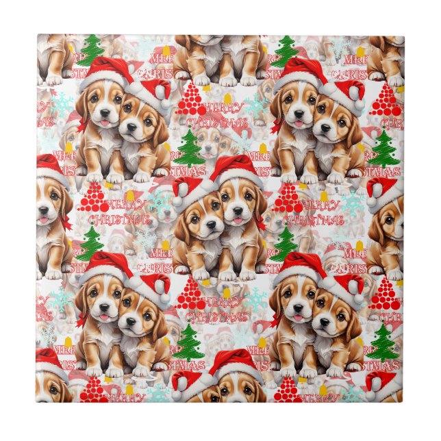 Glad jul Santa hatt Hund Valp Design - Vit Kakelplatta (Framsidan)