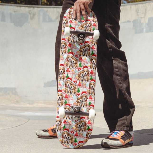 Glad jul Santa hatt Hund Valp Design - Vit Mini Skateboard Bräda 18,5 Cm (Skapare uppladdad)