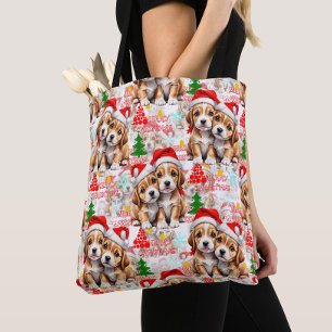 Glad jul Santa hatt Hund Valp Design - Vit Tygkasse