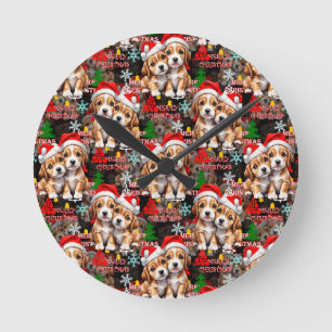Glad jul Santa mössa Hund Valp Design - Svart Rund Klocka