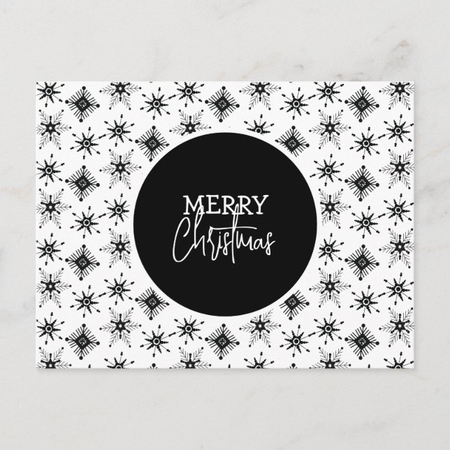 Glad jul Script Blommor med svarta snöflakor Mönst Vykort (Framsida)