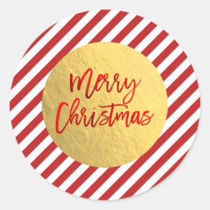 Glad Jul Semester Röda Ränder Guld Folie Runt Klistermärke