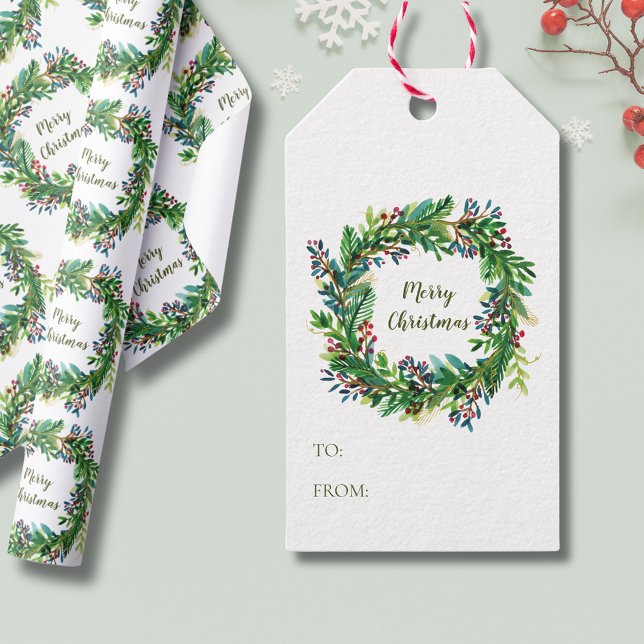 Glad jul semesterkrans Medium presentpåse Presentetikett (Christmas Wreath festive wreath gift tags with Merry Christmas text, and space for to and from text.)