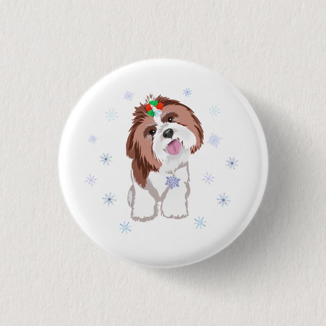 Glad jul Shih Tzu med snöflinga Nyckelring Knapp (Framsida)