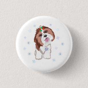 Glad jul Shih Tzu med snöflinga Nyckelring Knapp
