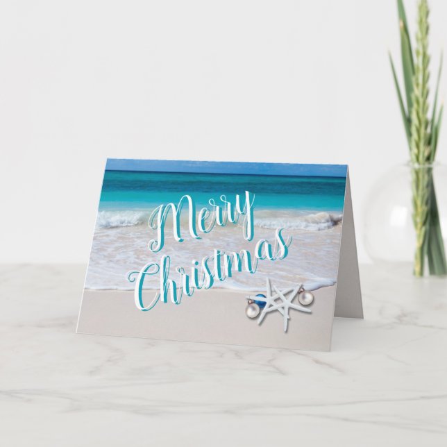 Glad jul sjöstjärna på strand jul kort (Framsida)
