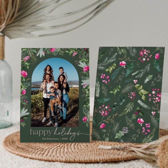 Glad jul skoggrön och rosa botanisk valv julkort (Skapare uppladdad)