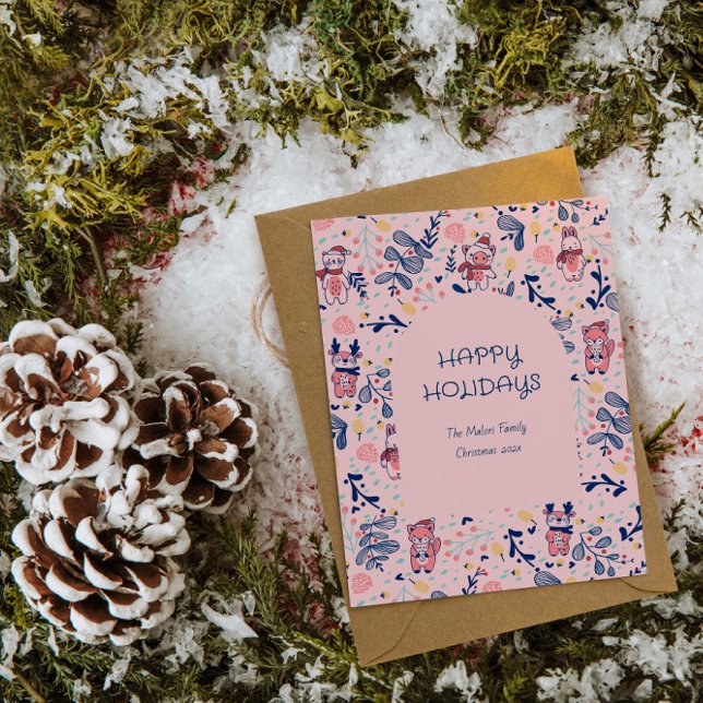 Glad jul Skogsglada vänner i vinter skog Julkort (Skapare uppladdad)