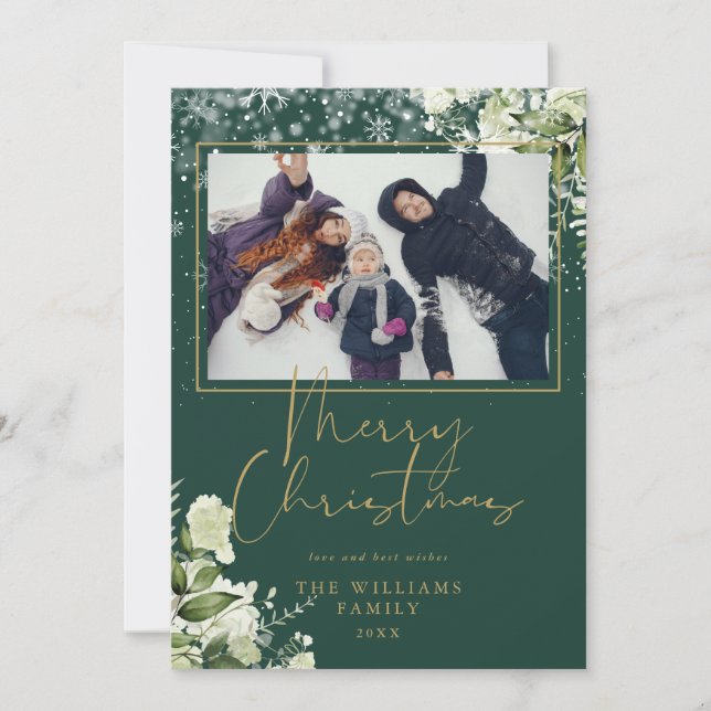 Glad jul Snö Blommig Guld Och Grön Foto Julkort (Framsida)