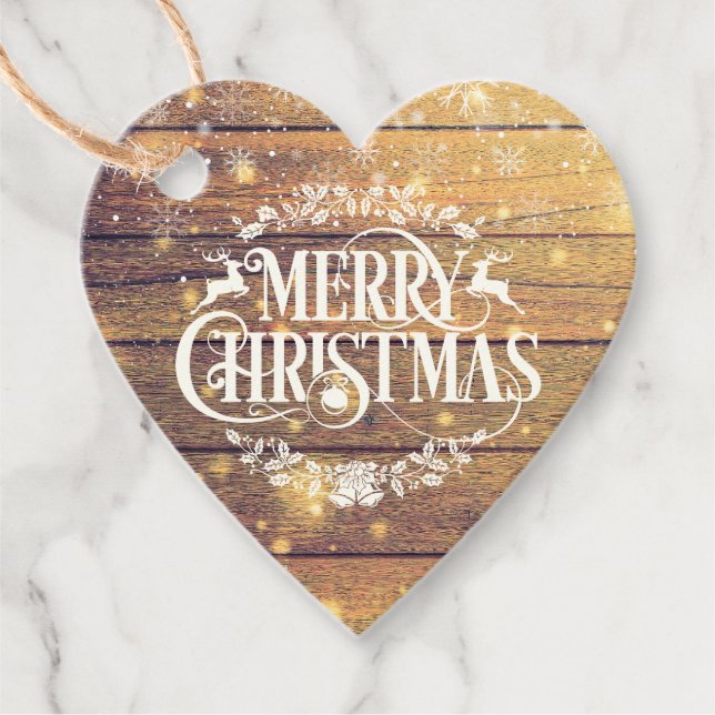 Glad jul Snöflingor Rustik Trä Gåvor Etiketter (Framsida)