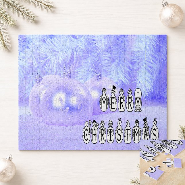Glad jul Snöfolk Julsångare Blå Pussel (Merry Christmas Snow People Carolers Blue Jigsaw Puzzle)