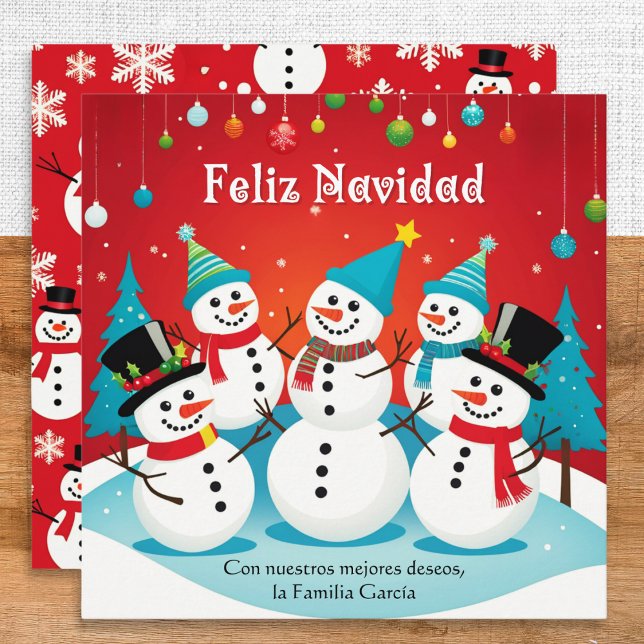 Glad jul Snögubbar Röda Personlig jul Julkort (A Christmas card with snowmen picture, Spanish greeting 'Feliz Navidad' and your own custom message)