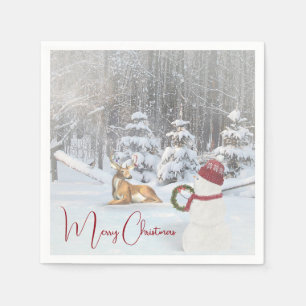 Glad jul snömän och hane i vinter skog pappersservett