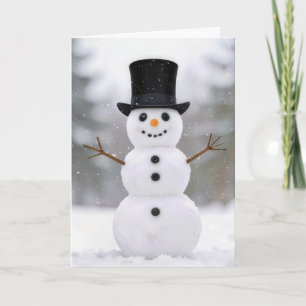 Glad jul snöman som bär en topp hatt kort