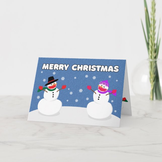 Glad jul Snömannapar i Covid ansiktsmasker Helgkort (Framsida)