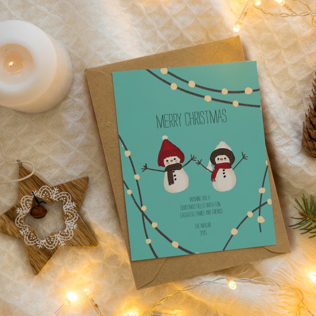Glad jul Snömannen Duo– Vinterljus på Teal Vykort (Skapare uppladdad)