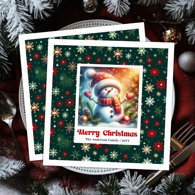 Glad jul snömannen med snöflingor barn  pappersservett (Cheerful Christmas snowman with snowflakes kids napkins)