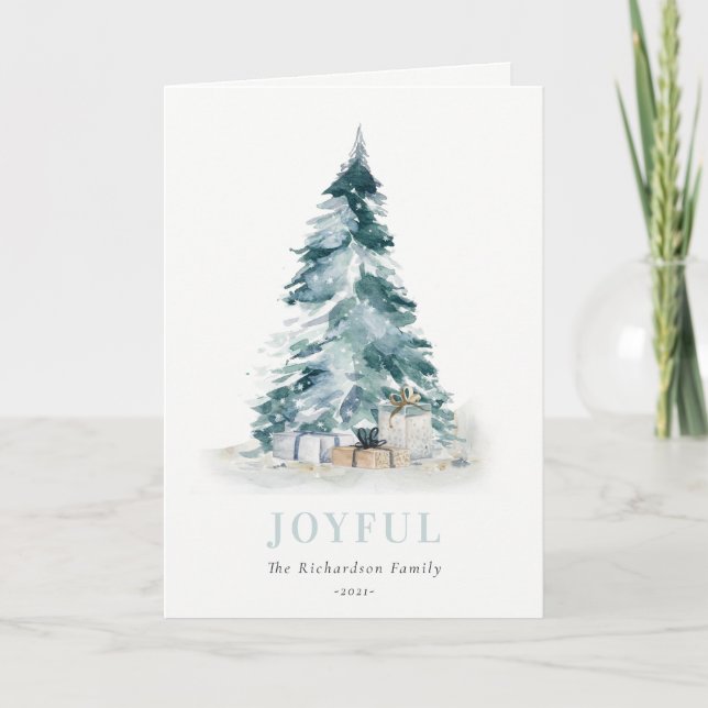 Glad jul snövattens akvarell tall julgran presente helgkort (Framsida)