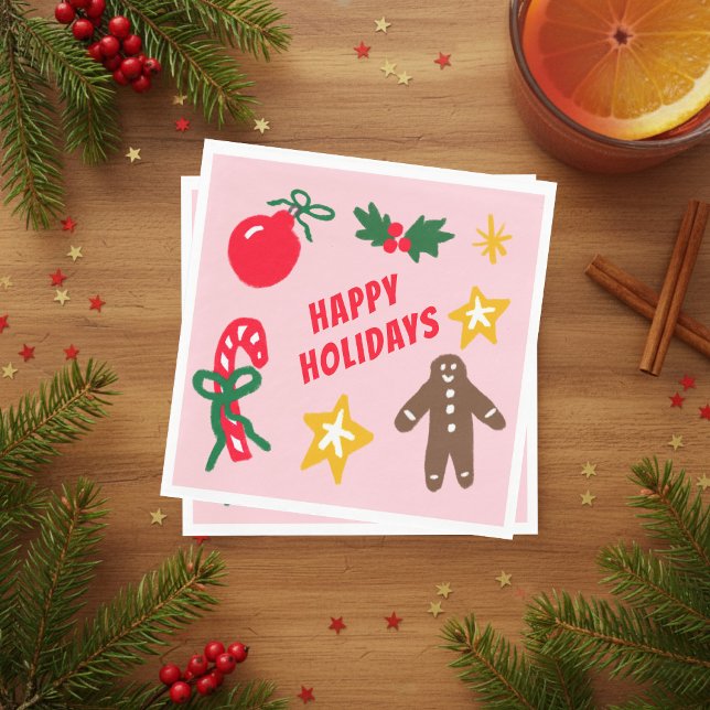 GLAD JUL Söt Handritad ANPASSAD  Pappersservett (HAPPY HOLIDAYS Cute Hand-Drawn icons Christmas Party CUSTOM Napkins
)