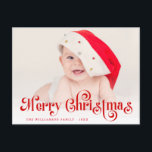 Glad jul stilig bokstavs foto postkort vykort<br><div class="desc">En festlig röd design med sött barnfoto och röd bokstavsöverlägg. Texten och meddelandet kan anpassas.</div>