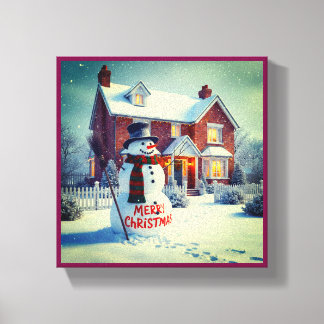 GLAD JUL STOR SNÖMAN VINTERSCEN CANVASTRYCK