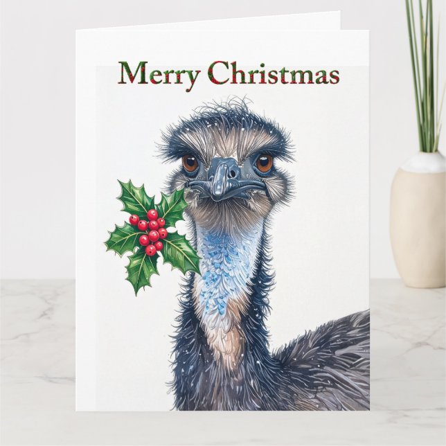 Glad jul Strutsen Holly Röda Bär Merry Christmas Kort (Framsida)