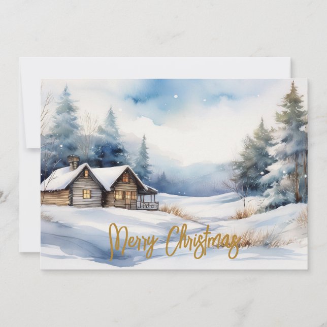 Glad jul stuga i snölandskap julkort (Framsida)